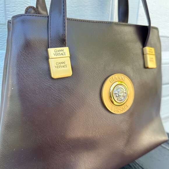 Vintage 90s Gianni Versace Bag Tote Purse Brown Gold Italy Medusa Logo - Picture 4 of 8